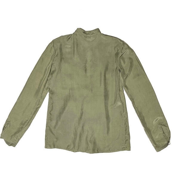 Theory Silk Bianca Pintuck Olive Green Pleated Blouse Peekaboo Top Size 0 - Picture 7 of 14